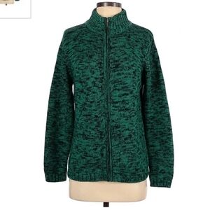 Sag Harbor Green Black Knit Zip-Up Sweater Woman's Size Small S Stand Up Collar